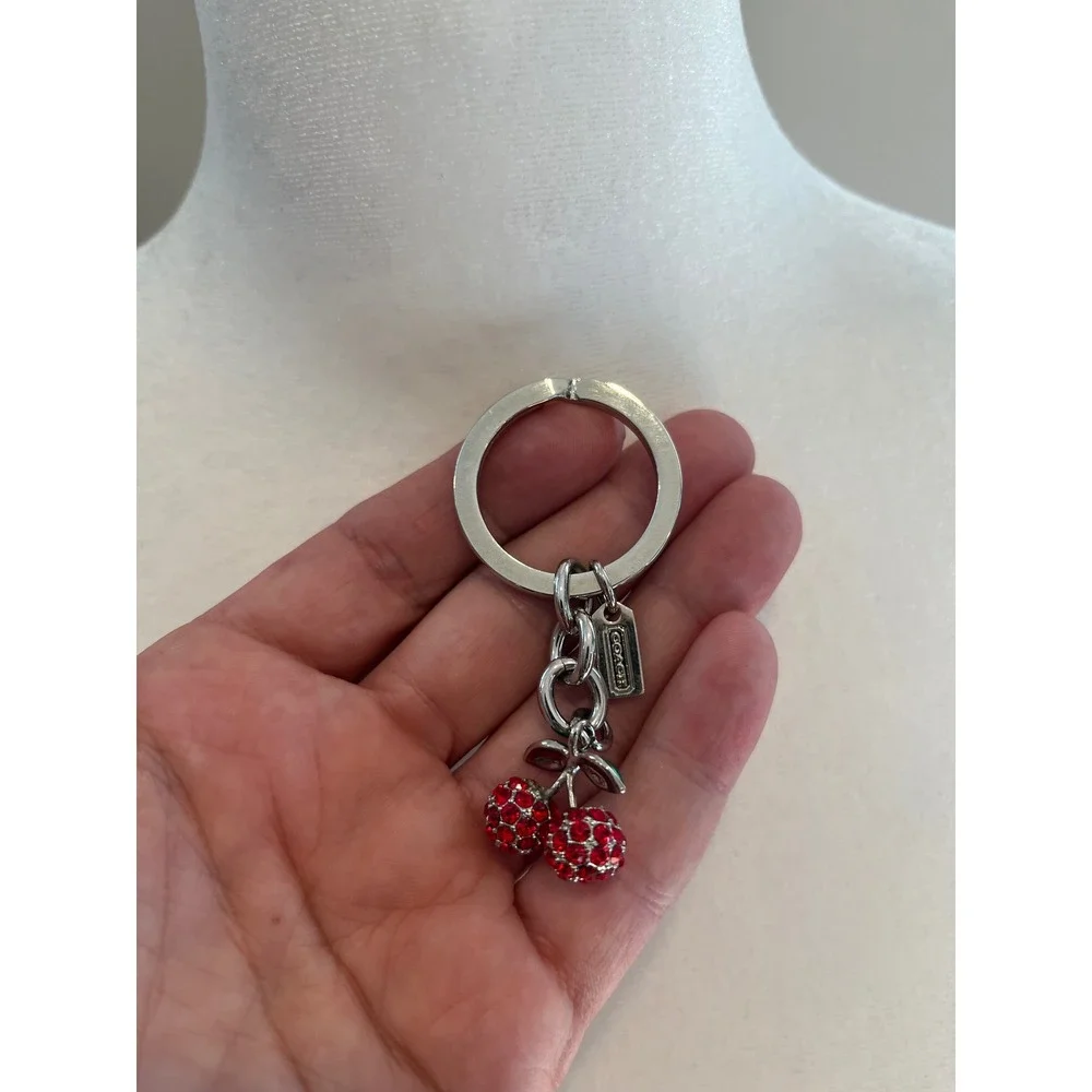 Coach Red Pave Crystal Cherry Keychain Bag Charm Silver Tone 3D Fruit Accessory